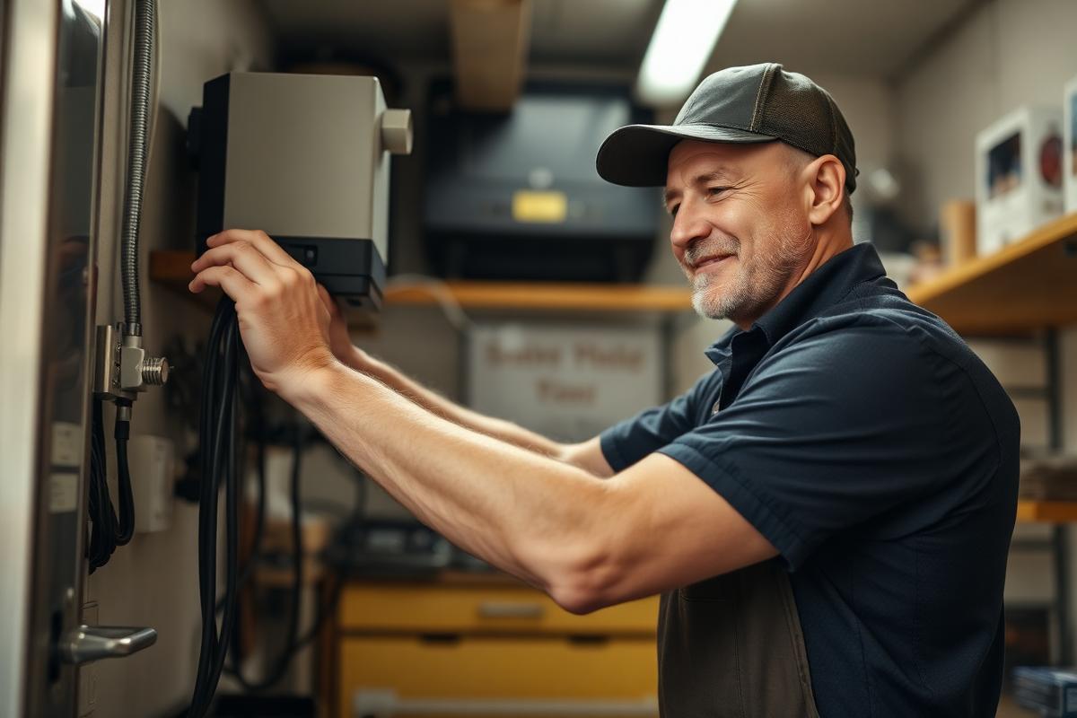 Smiling technician in a cap installing equipment on a wall